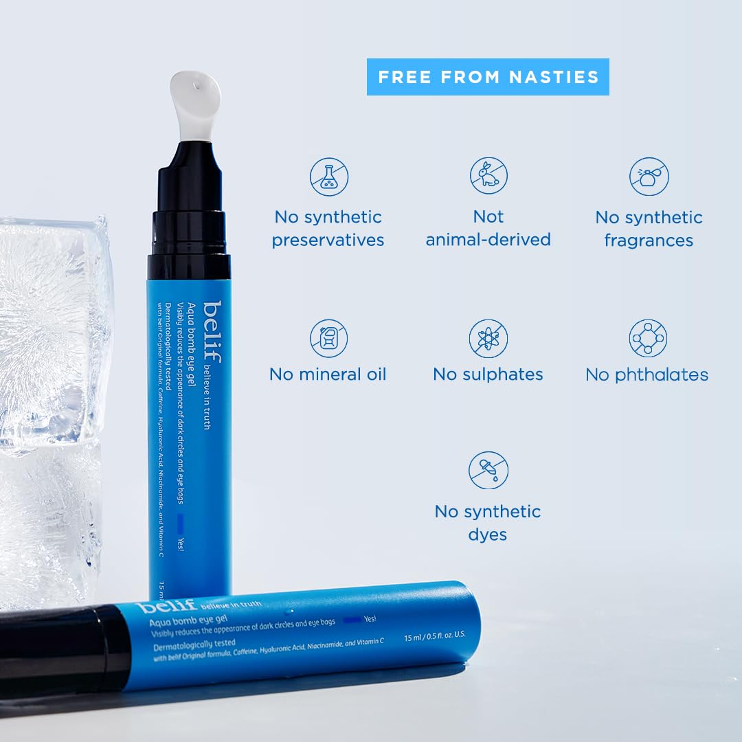 Fresh, de-puffed look associated with Belif Aqua Bomb Cooling Eye Gel after application.