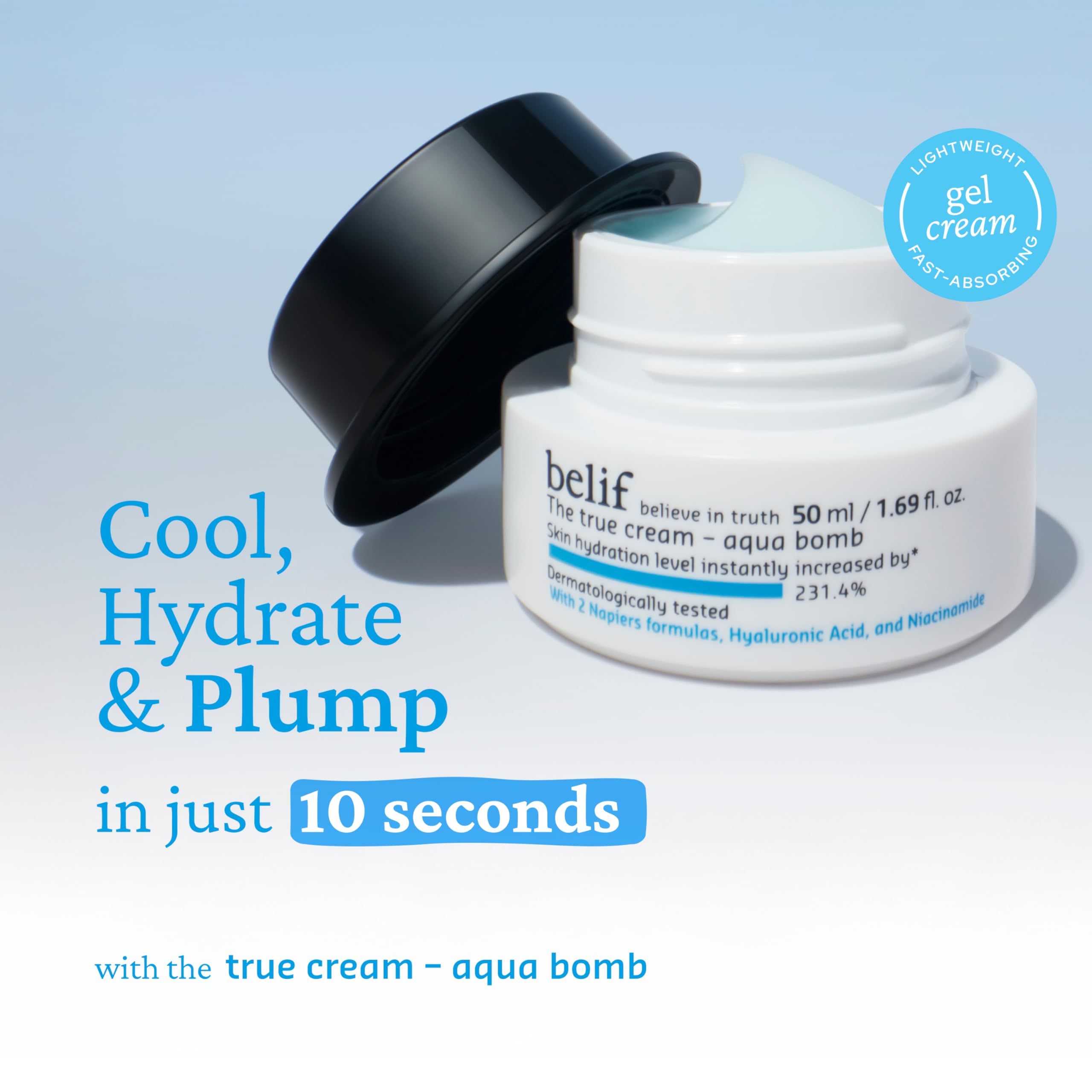 belif Aqua Bomb with hyaluronic acid highlight for moisture retention and glow