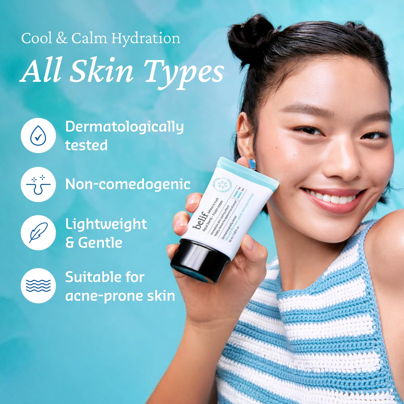 belif Aqua Bomb lightweight gel-cream texture gliding on skin.