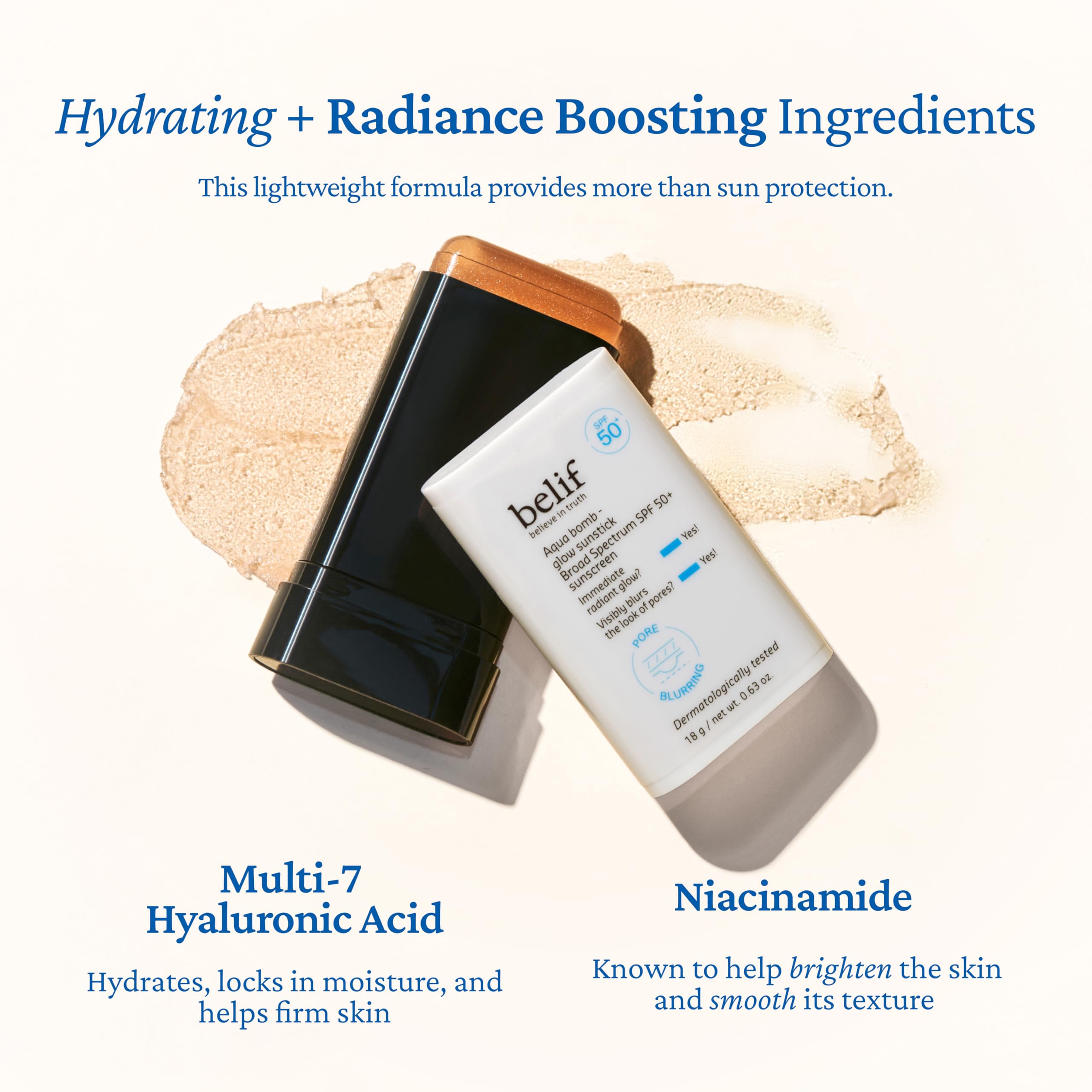 belif Aqua Bomb Niacinamide Sunscreen Stick close-up shows no white cast on skin