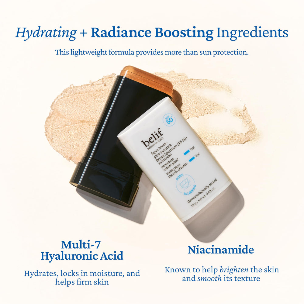 belif Aqua Bomb Niacinamide Sunscreen Stick close-up shows no white cast on skin
