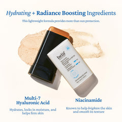 belif Aqua Bomb Niacinamide Sunscreen Stick close-up shows no white cast on skin