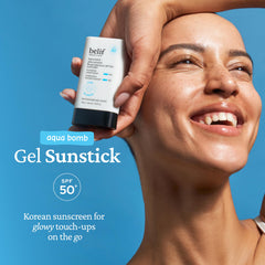 belif Aqua Bomb Niacinamide Sunscreen Stick held in hand demonstrates portable sun protection