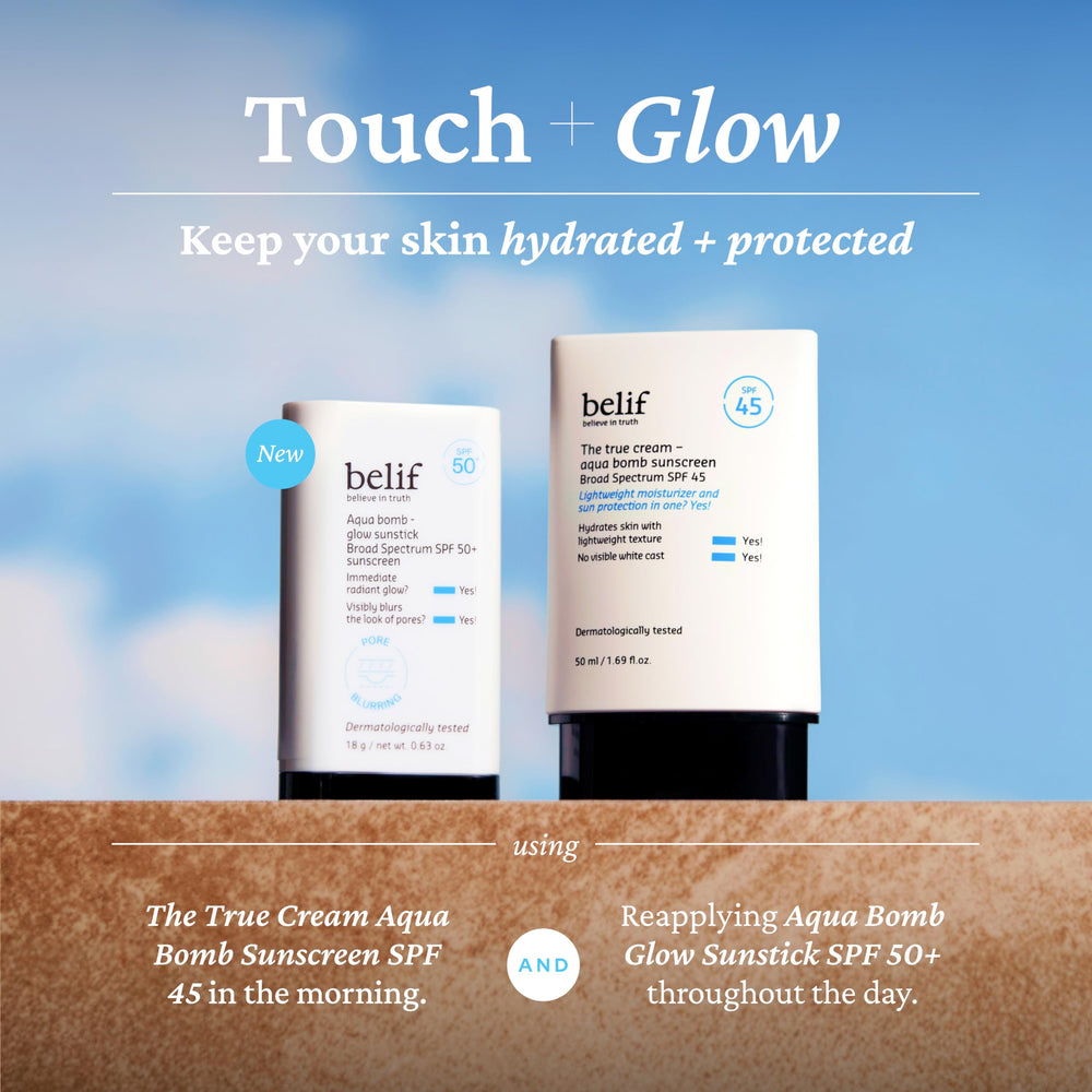 belif Aqua Bomb Niacinamide Sunscreen Stick finishes semi-matte and dewy