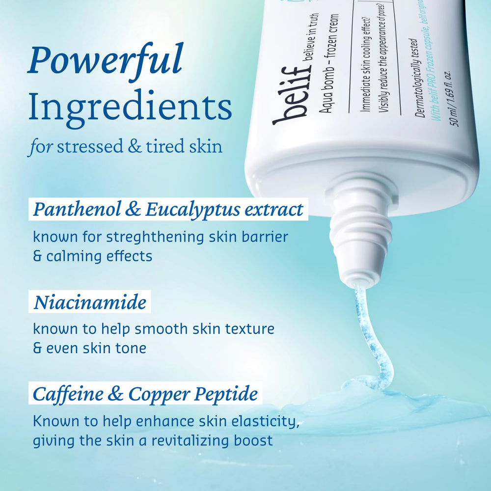 belif Aqua Bomb non-comedogenic formula for clear, breathable skin.