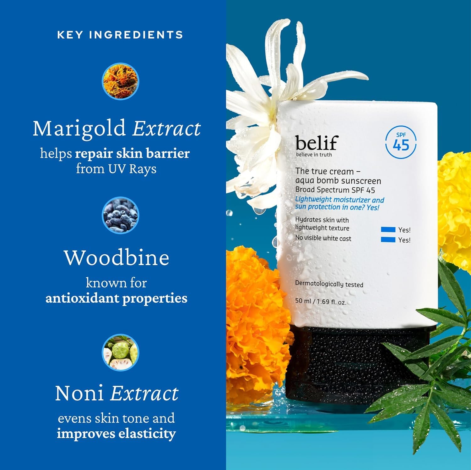 belif Aqua Bomb SPF45 sunscreen label closeup emphasizes clean formula
