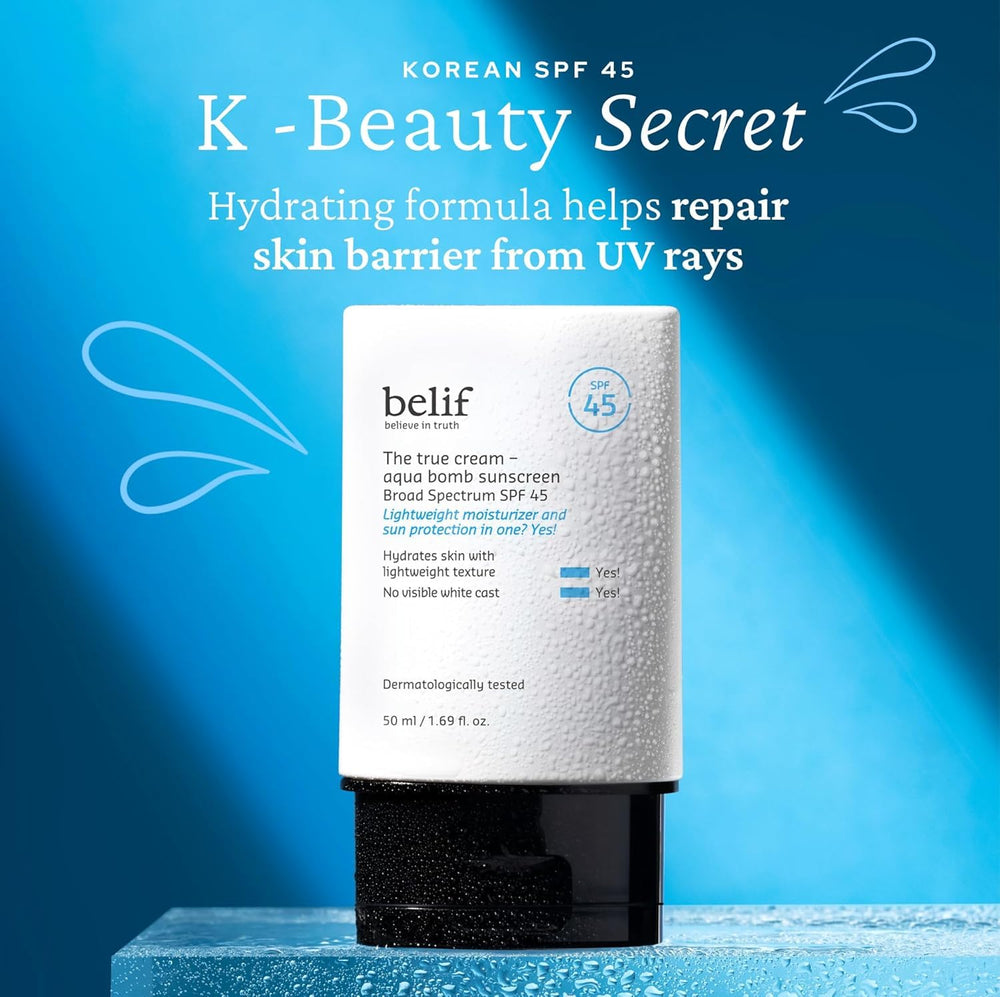 belif Aqua Bomb SPF45 sunscreen tube closeup highlights hydrating formula