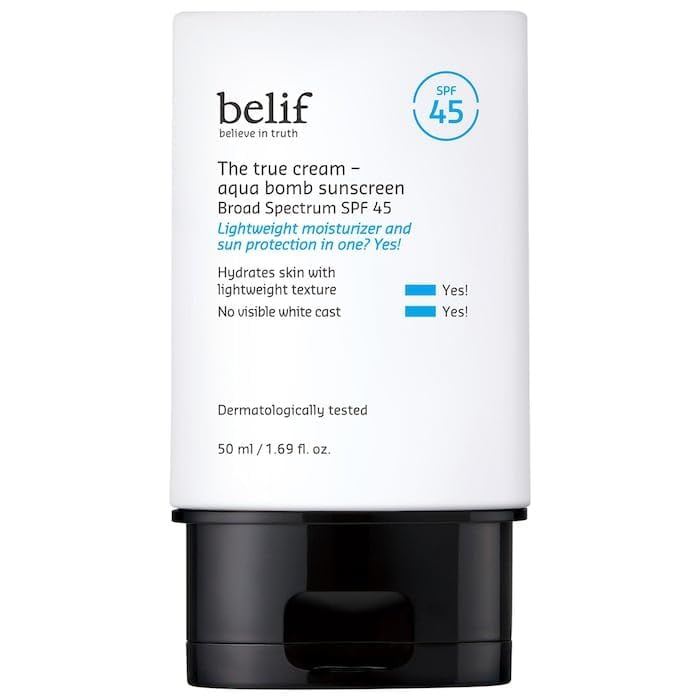 belif Aqua Bomb SPF45 sunscreen tube front shows lightweight protection