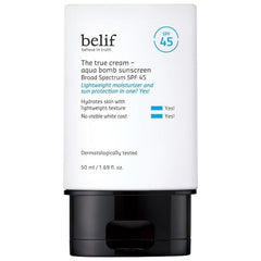 belif Aqua Bomb SPF45 sunscreen tube front shows lightweight protection
