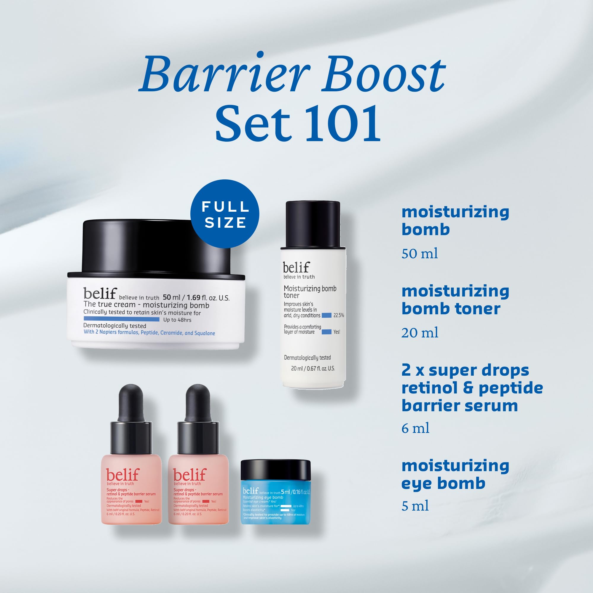 belif Barrier Boost kit flatlay suggests a complete daily skincare routine