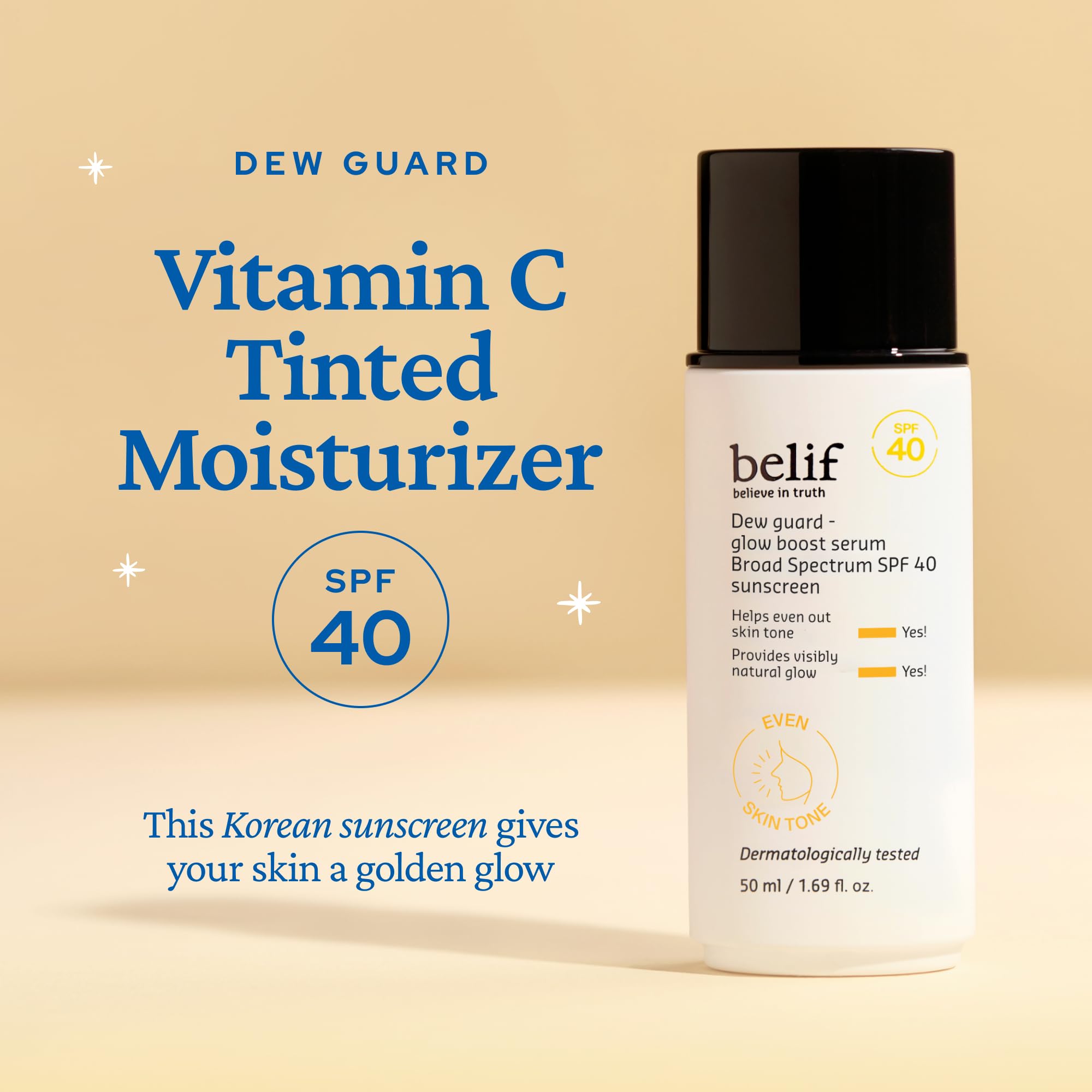 belif Dew Guard SPF 40 bottle highlights UV protection with sheer tint.