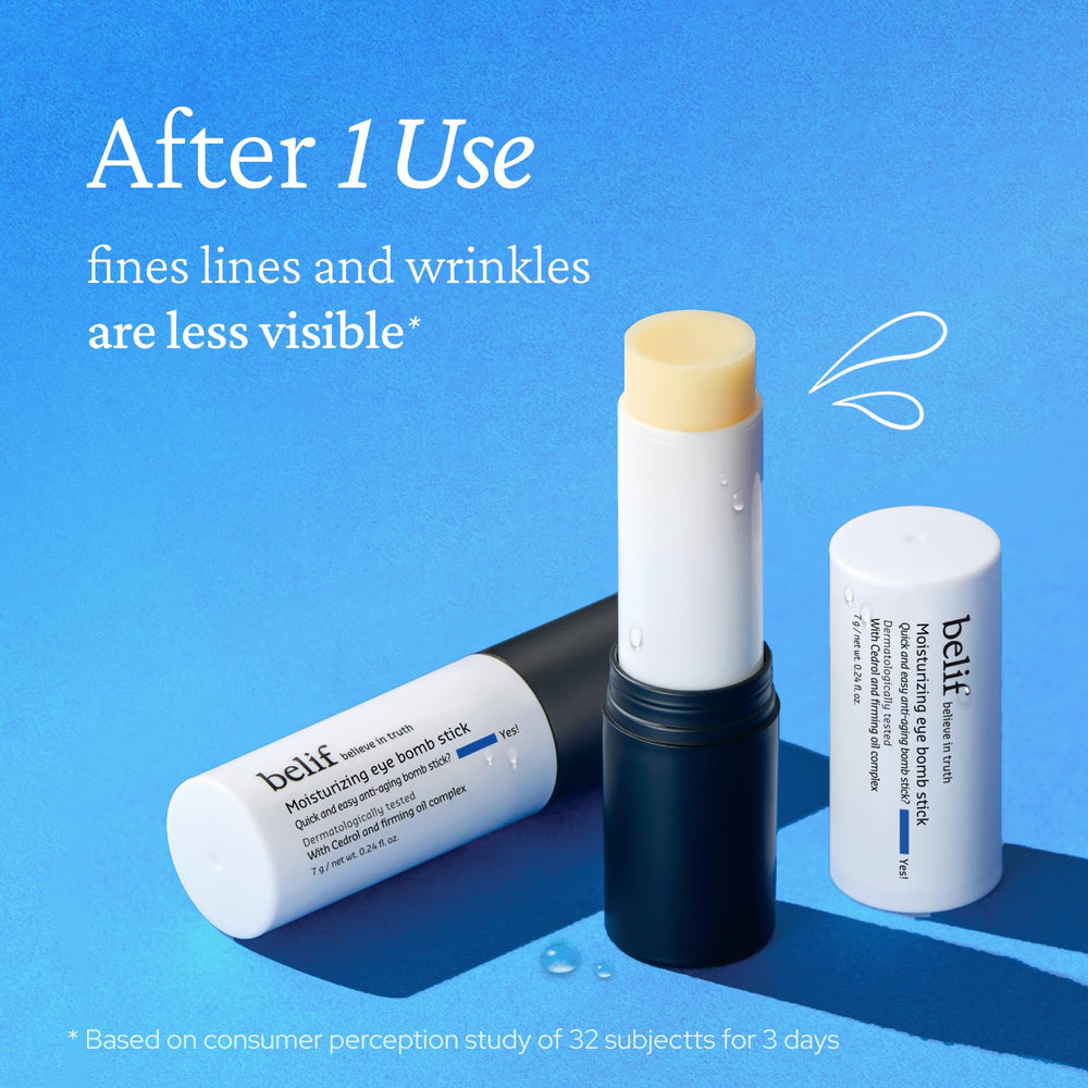 belif Moisturizing Eye Bomb Stick hydration swatch highlights fast absorption