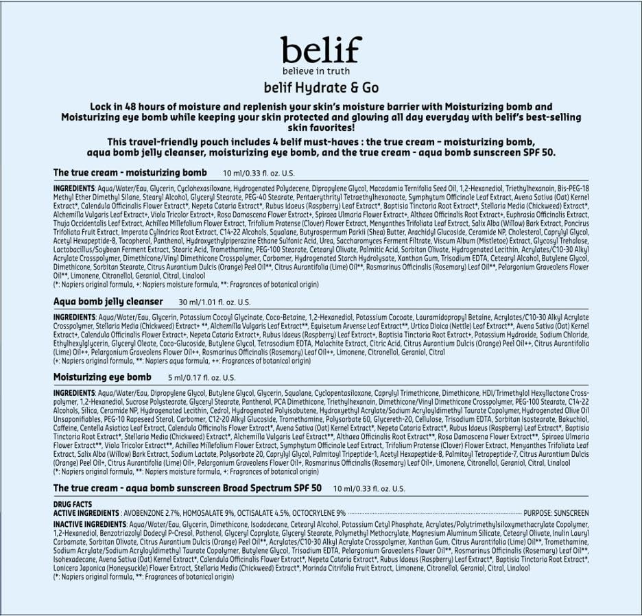 belif Hydrate & Go Kit moisturizer close-up highlighting deep hydration and plump skin.