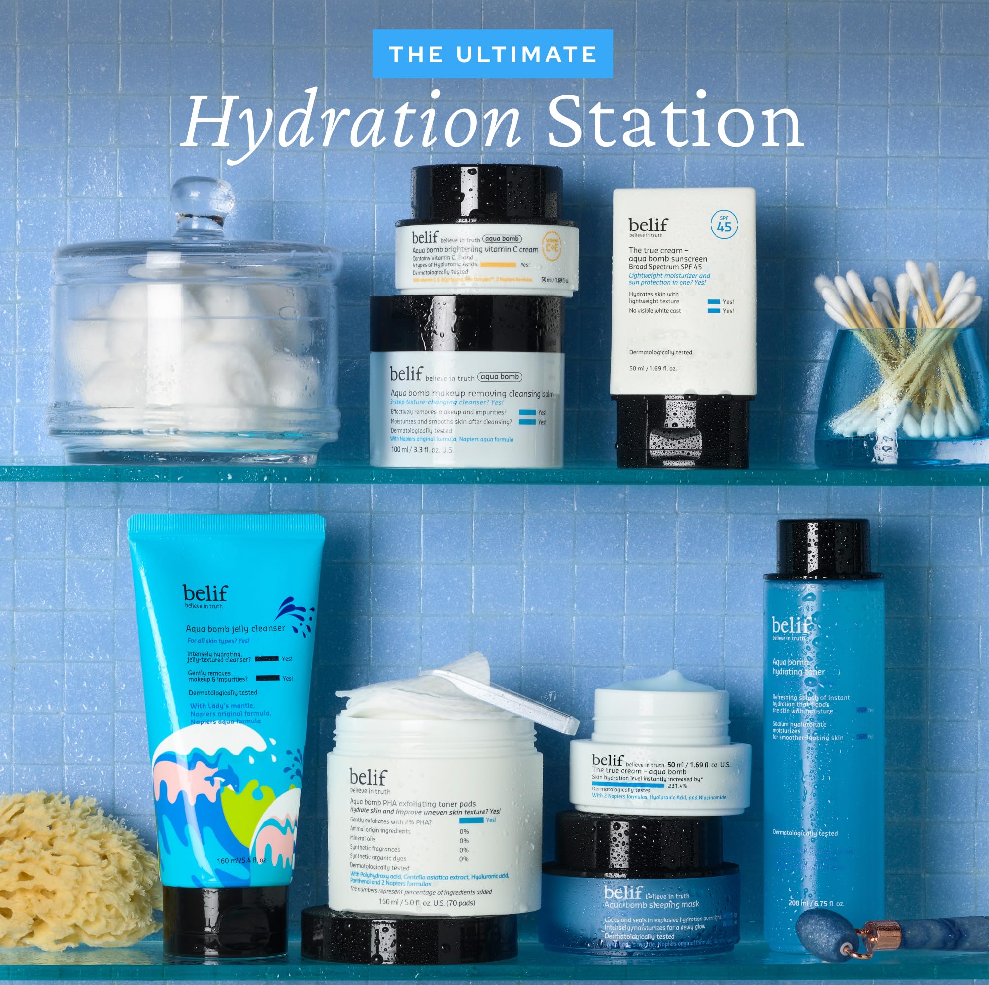belif Hydrate & Go Kit packaging and four-step routine on display.