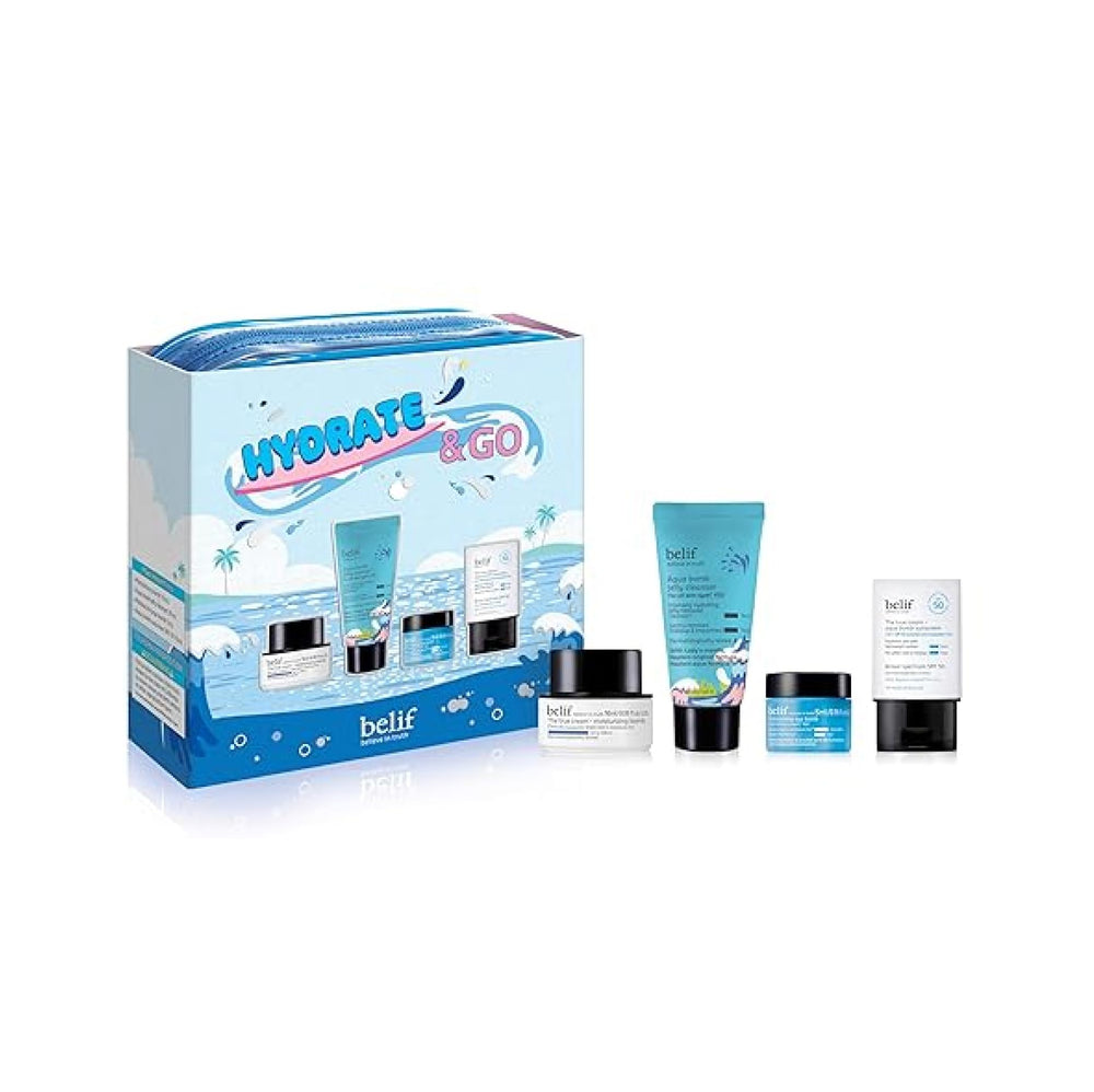 belif Hydrate & Go Kit toner application for refreshing hydrated skin.