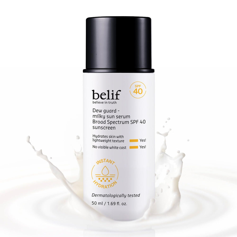 Belif Milky Niacinamide Sunscreen bottle front showing compact, hydrating formula for daily wear.