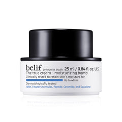 belif Moisturizing Bomb bottle close-up shows milky texture for lasting hydration