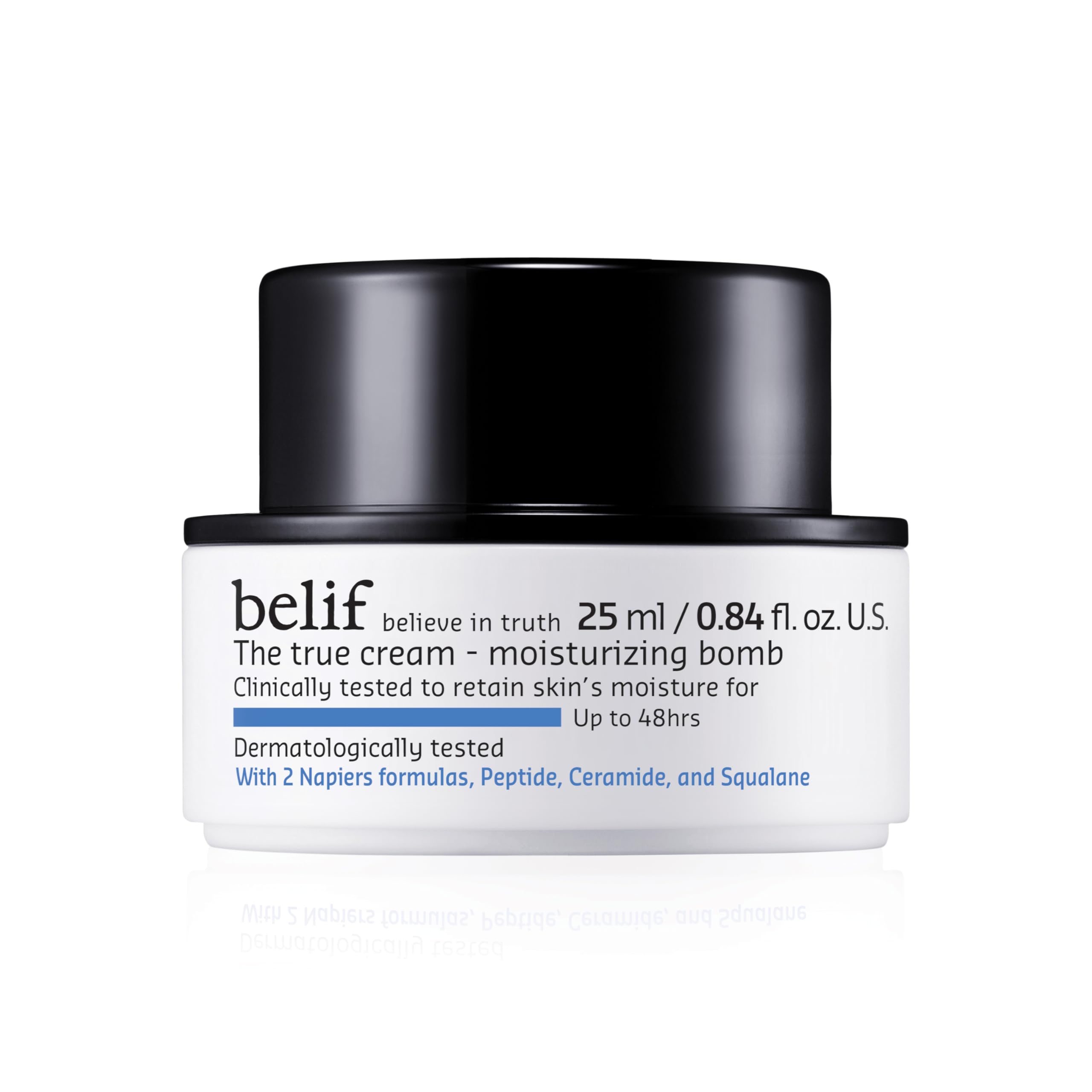 Belif Moisturizing Bomb jar closeup shows creamy hydration for daily skin nourishment.