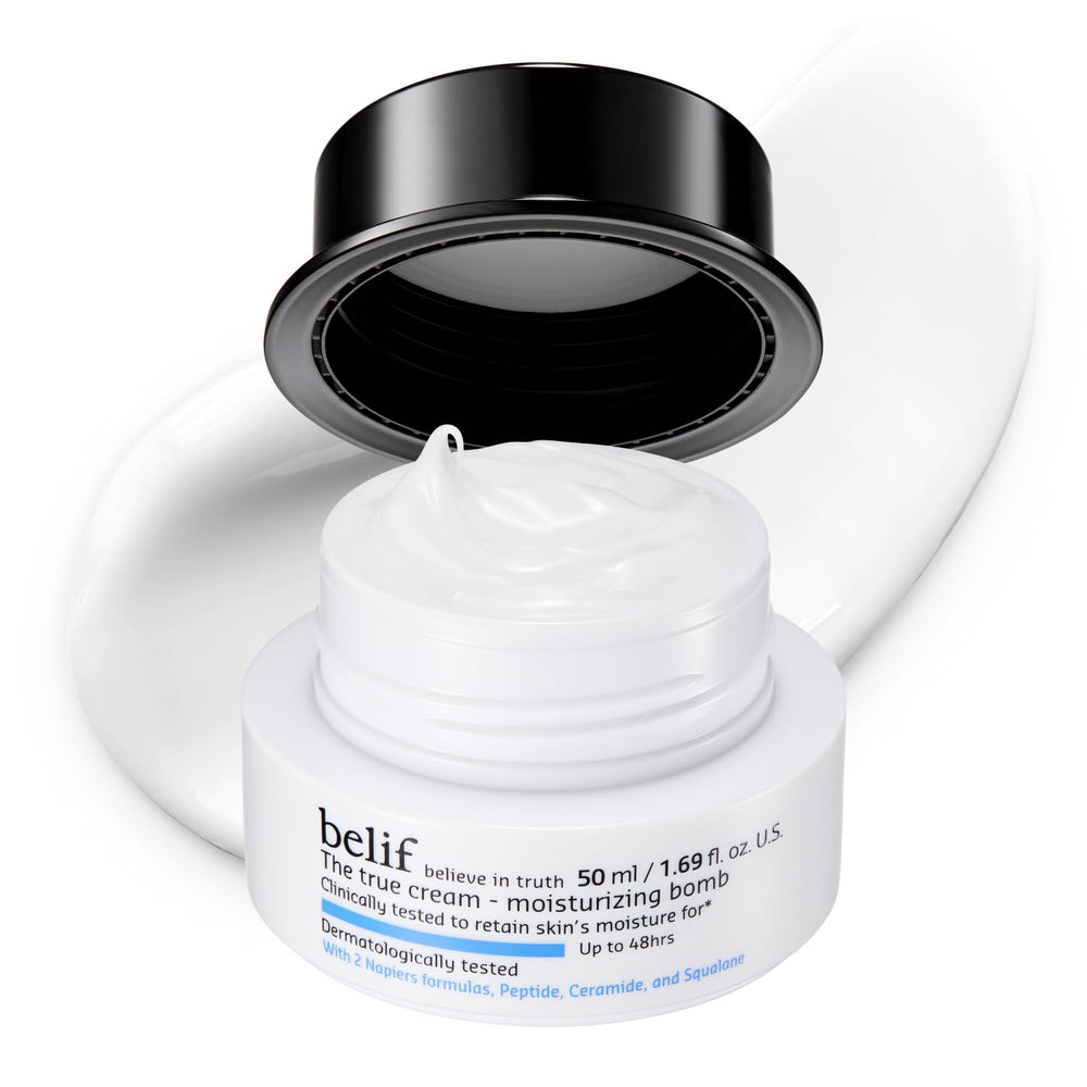 belif Moisturizing Bomb jar shows creamy texture delivering long-lasting hydration.