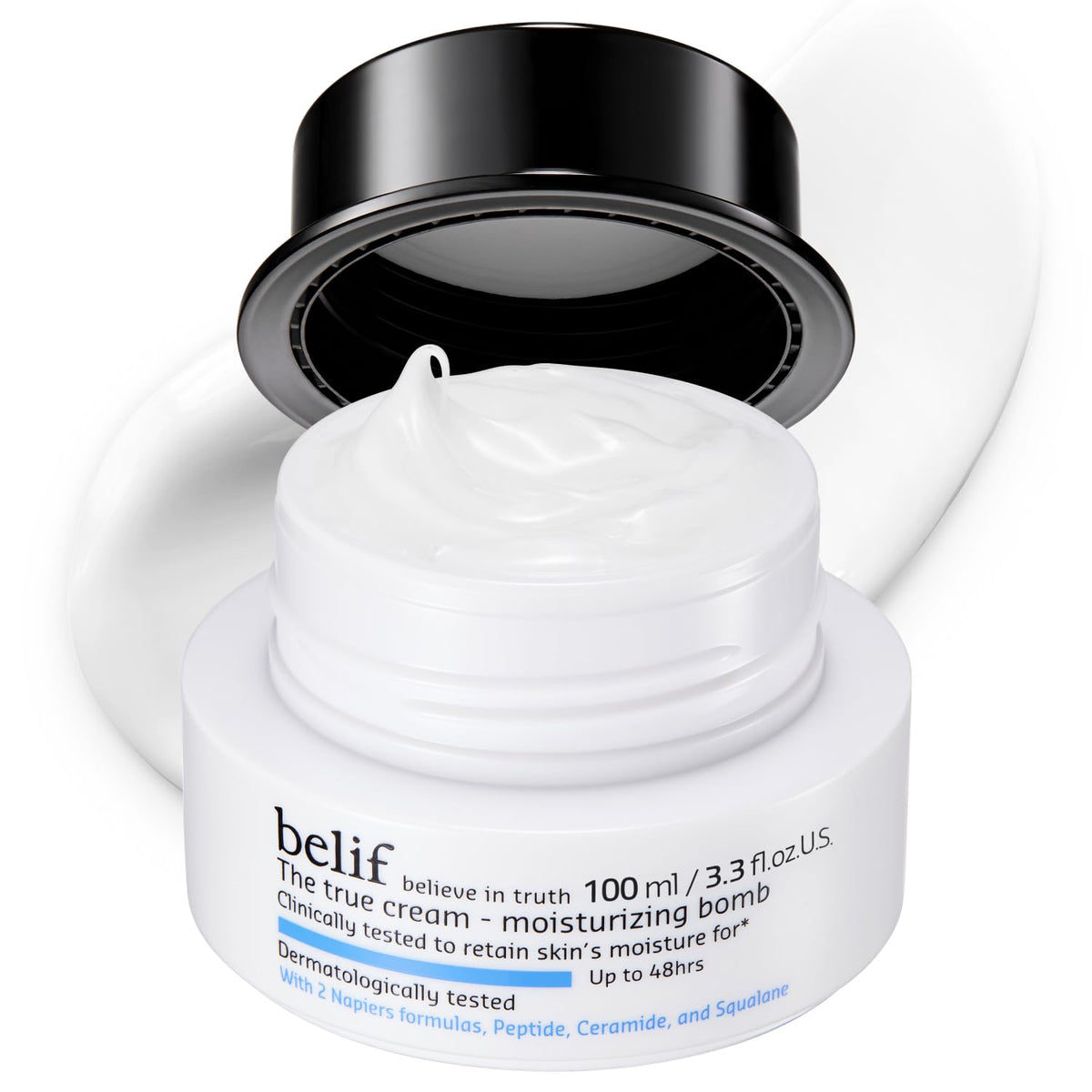 belif Moisturizing Bomb jar-front showing milky cream for all-day hydration and barrier support.