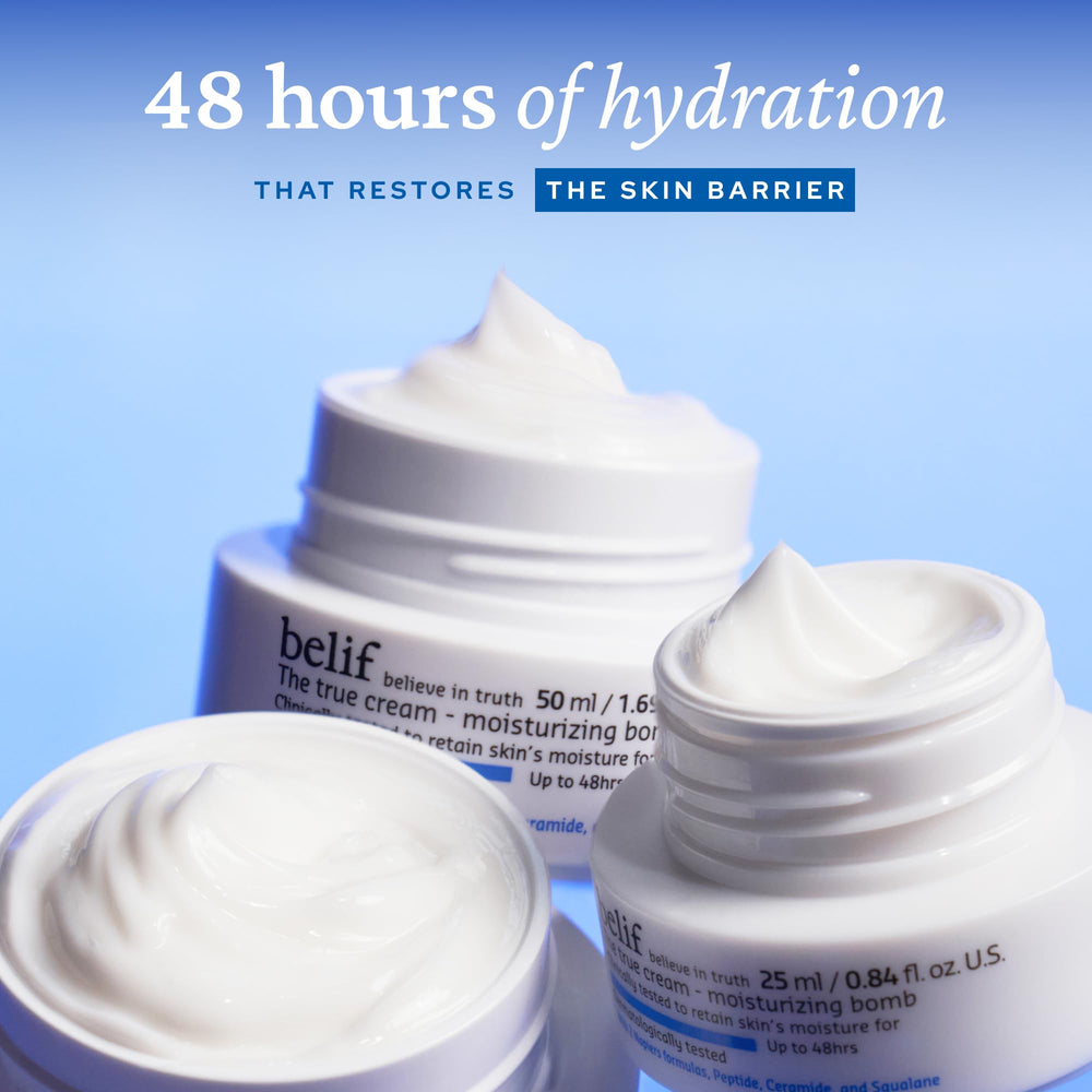 Belif Moisturizing Bomb texture swirl highlights milky, fast-absorbing hydration.