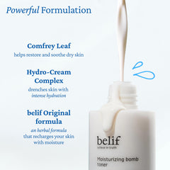 Belif Moisturizing Bomb Toner barrier illustration emphasizes soothing, barrier-strengthening formula.