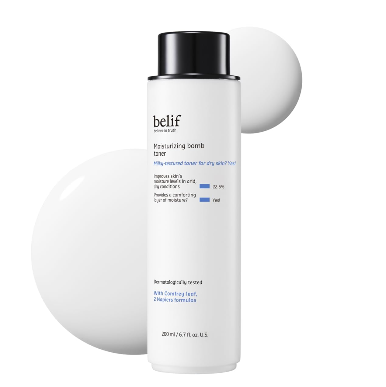 Belif Moisturizing Bomb Toner bottle closeup showcases milky texture for refreshing hydration.
