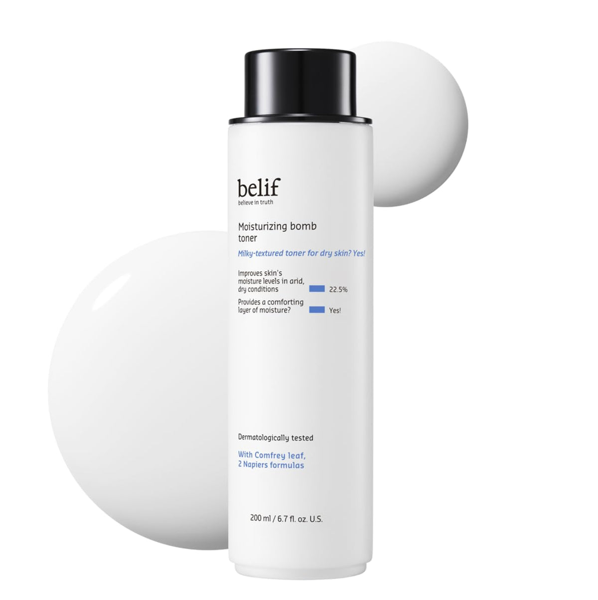 Belif Moisturizing Bomb Toner bottle closeup showcases milky texture for refreshing hydration.