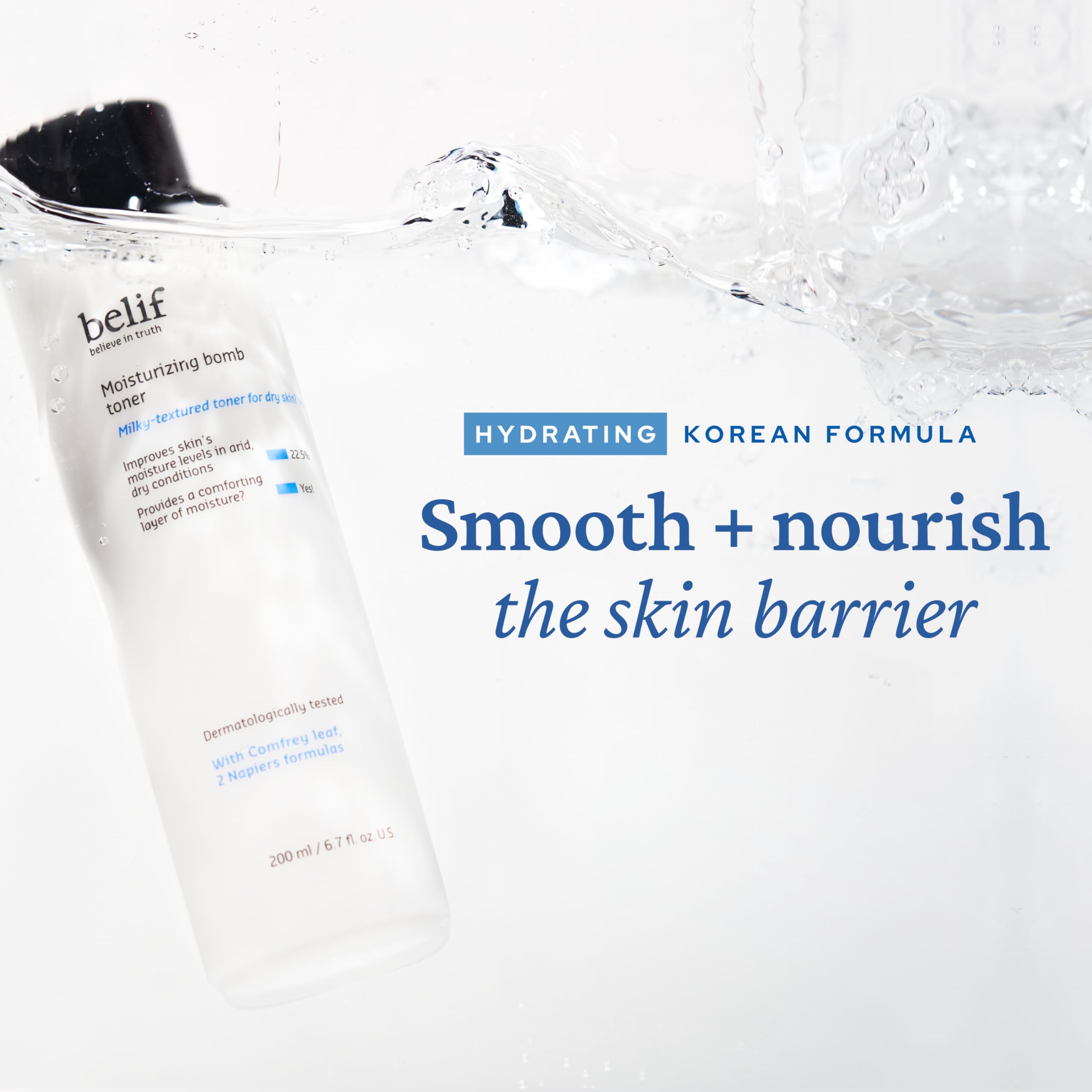 Belif Moisturizing Bomb Toner milky swirl illustrates ultra-hydration for dry skin.