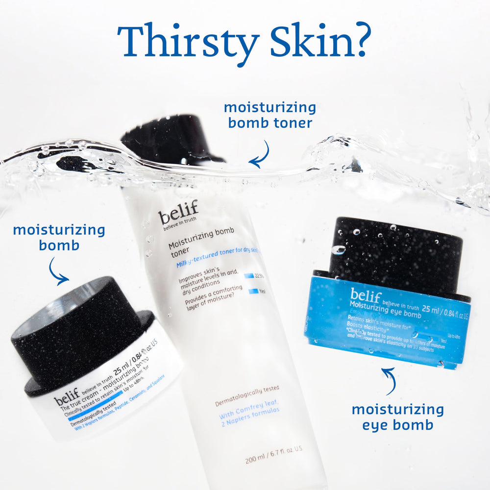 Belif Moisturizing Bomb Toner in a morning routine setup for hydration and glow.