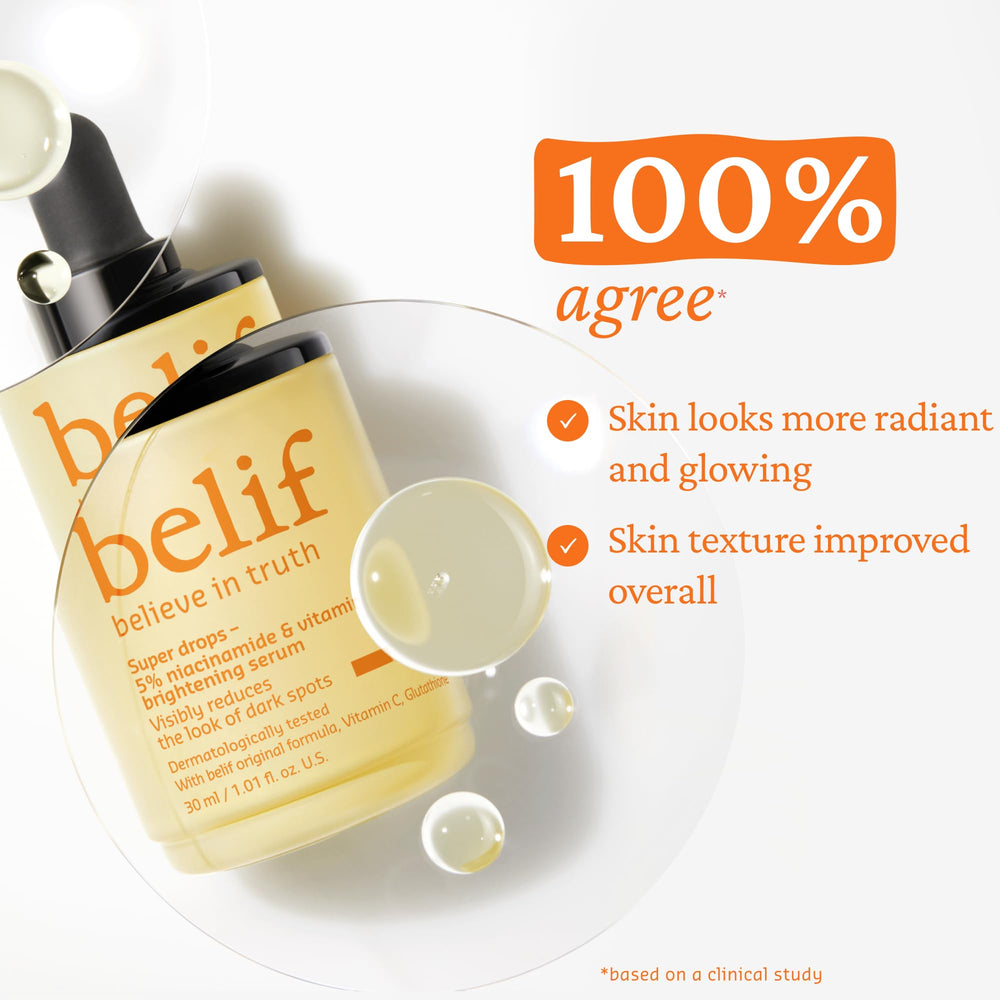 Belif Niacinamide 5% + Vitamin C serum glow application area image highlighting glow and evenness.