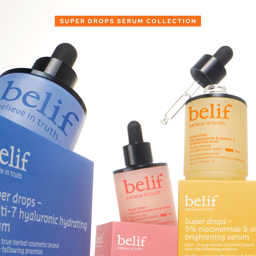 Belif Niacinamide 5% + Vitamin C serum packaging area showing premium, Korean skincare.