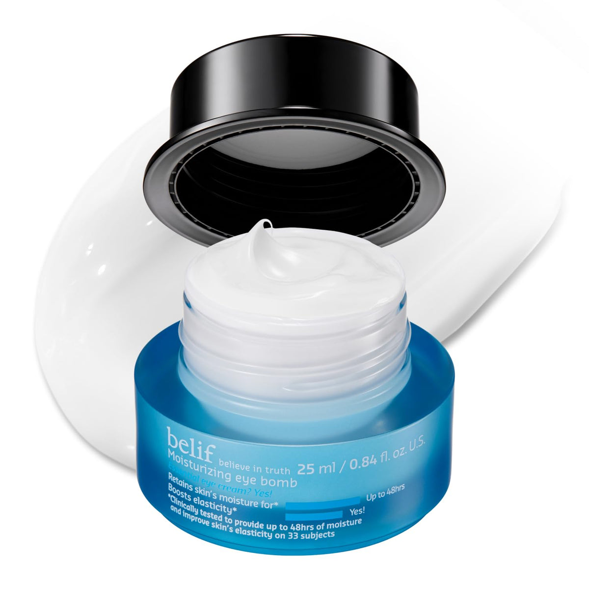 Belif Peptide Eye Bomb pump application showing smooth, hydrated skin around eyes.