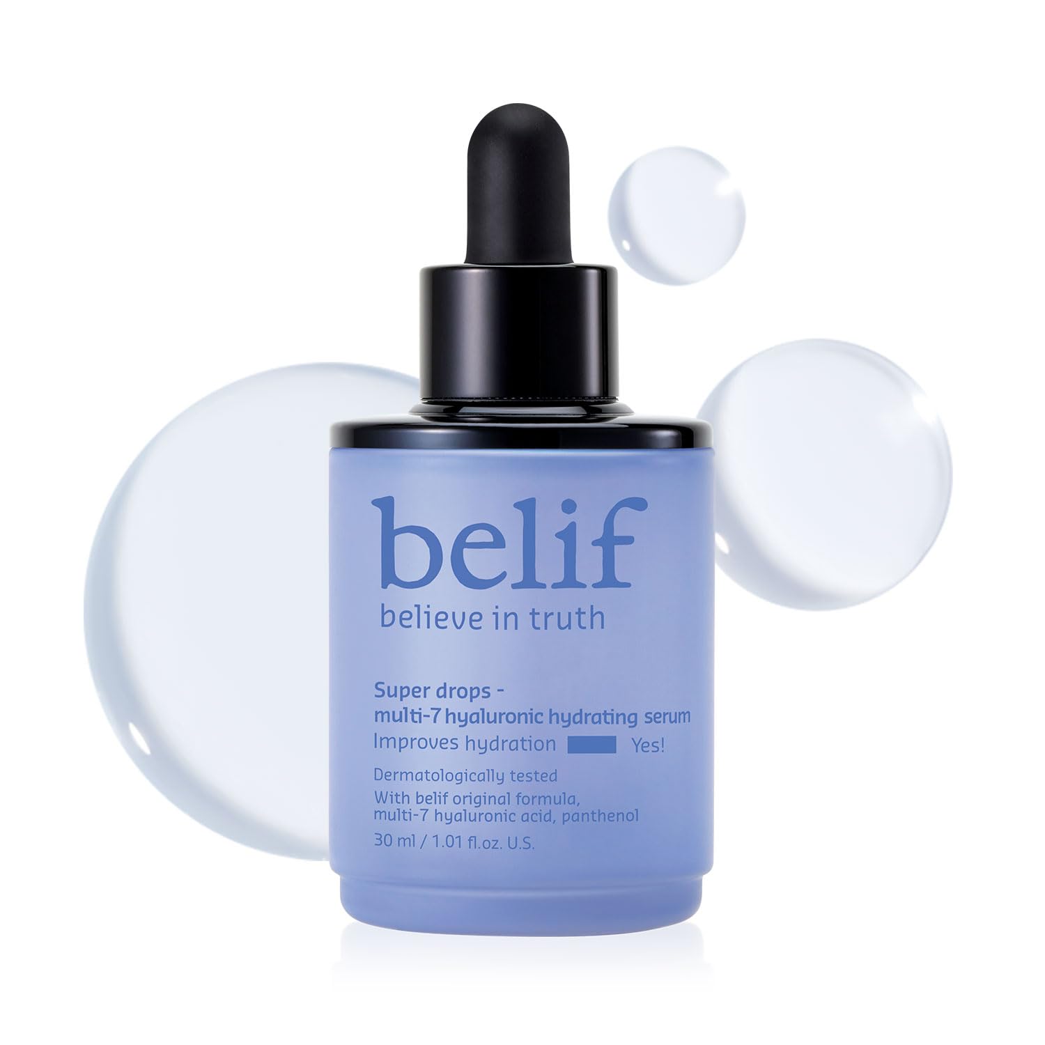 Belif Super Drops Multi-7 Hyaluronic Serum bottle closeup highlights deep hydration.