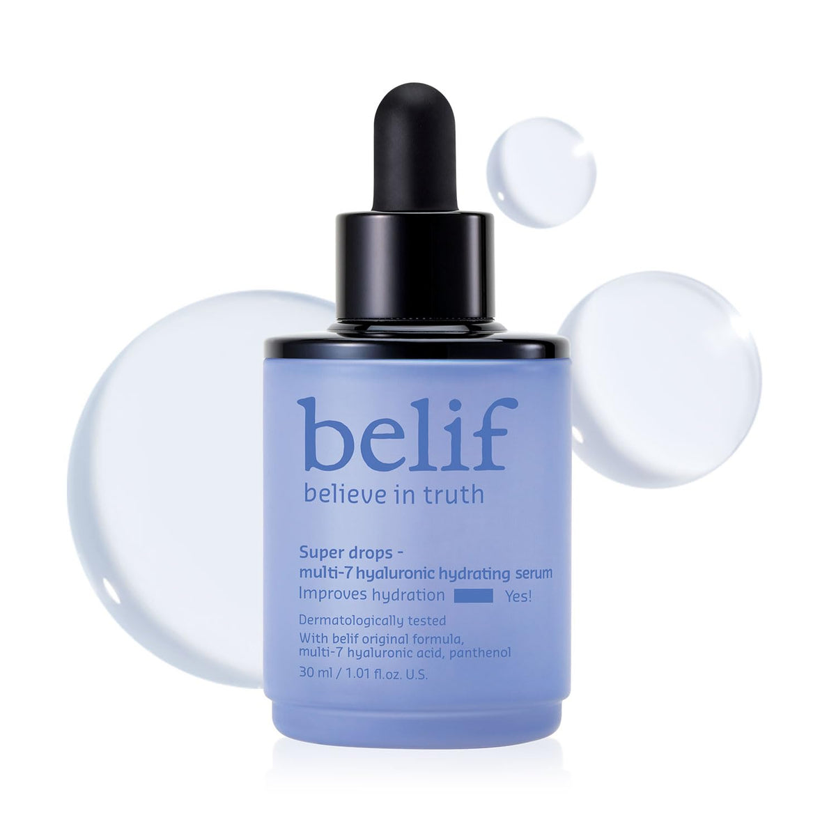 Belif Super Drops Multi-7 Hyaluronic Serum bottle closeup highlights deep hydration.