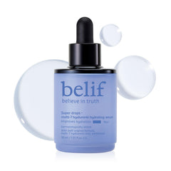 Belif Super Drops Multi-7 Hyaluronic Serum bottle closeup highlights deep hydration.
