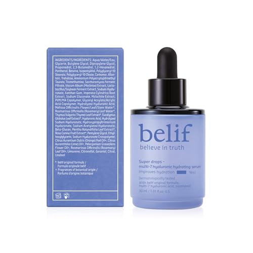 Belif Super Drops Multi-7 Hyaluronic Serum bottle setup for glow regimen.