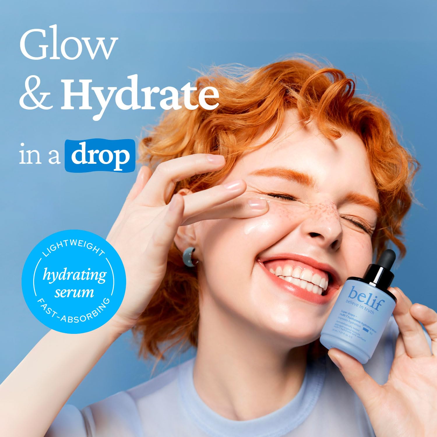 Belif Super Drops Multi-7 Hyaluronic Serum dropper application showcases moisture.