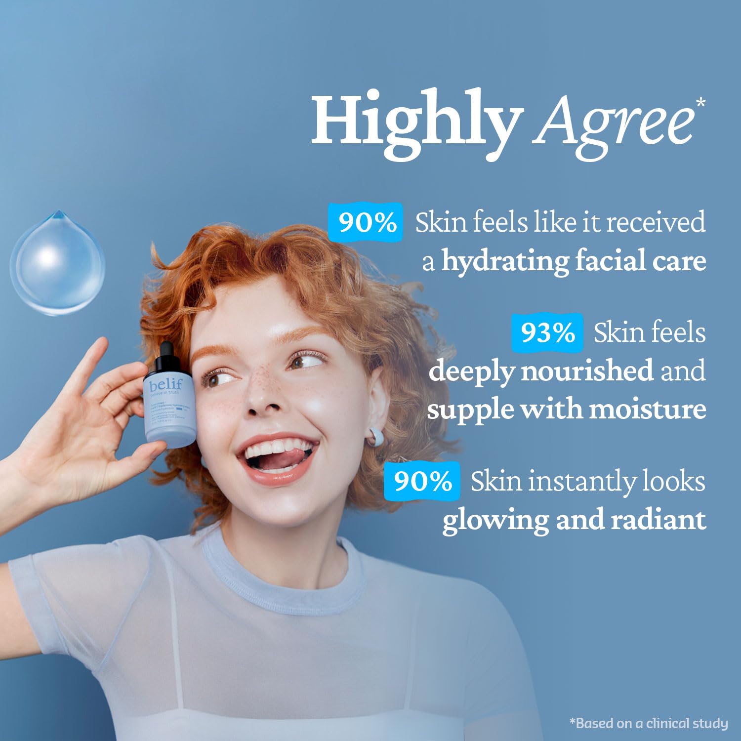 Belif Super Drops Multi-7 Hyaluronic Serum glow shot demonstrates radiance.