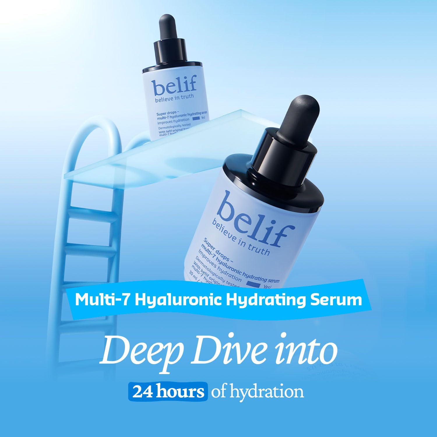 Belif Super Drops Multi-7 Hyaluronic Serum skincare routine shot suggests daily use.
