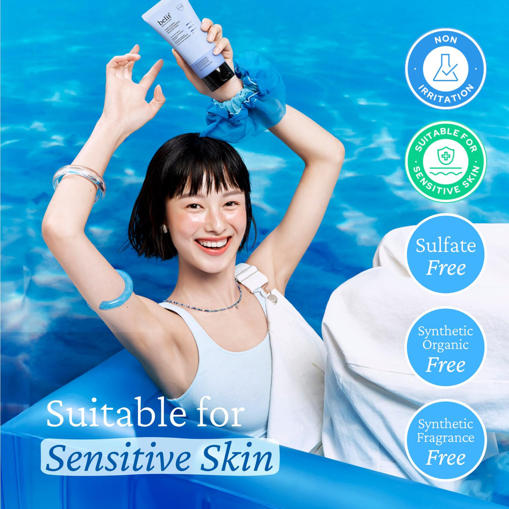 Belif Super Knights makeup removal action showing effective cleansing of SPF and impurities.