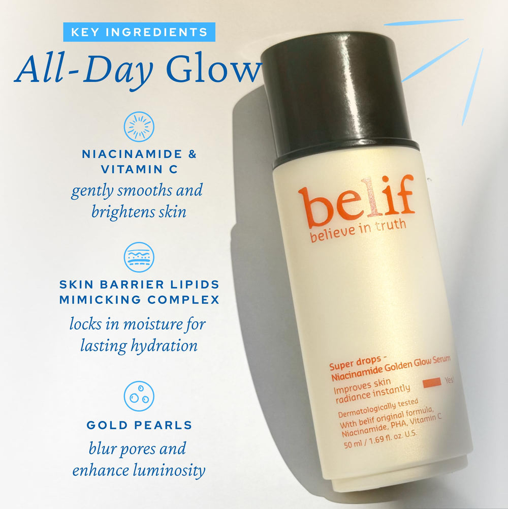 Belif Vitamin C Golden Glow Serum ingredient closeup highlighting vitamin C, niacinamide and PHA benefits.