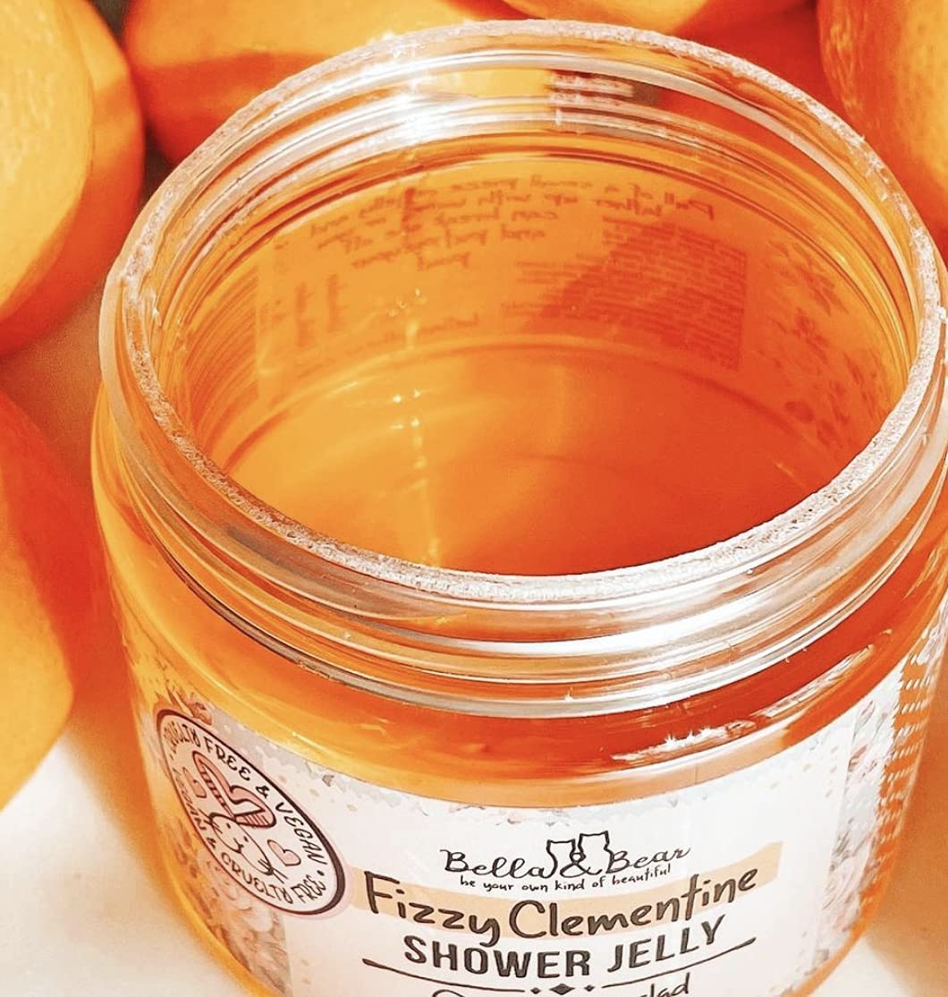Bella & Bear Fizzy Clementine Shower Jelly texture close-up highlights playful gel for fun morning showers.