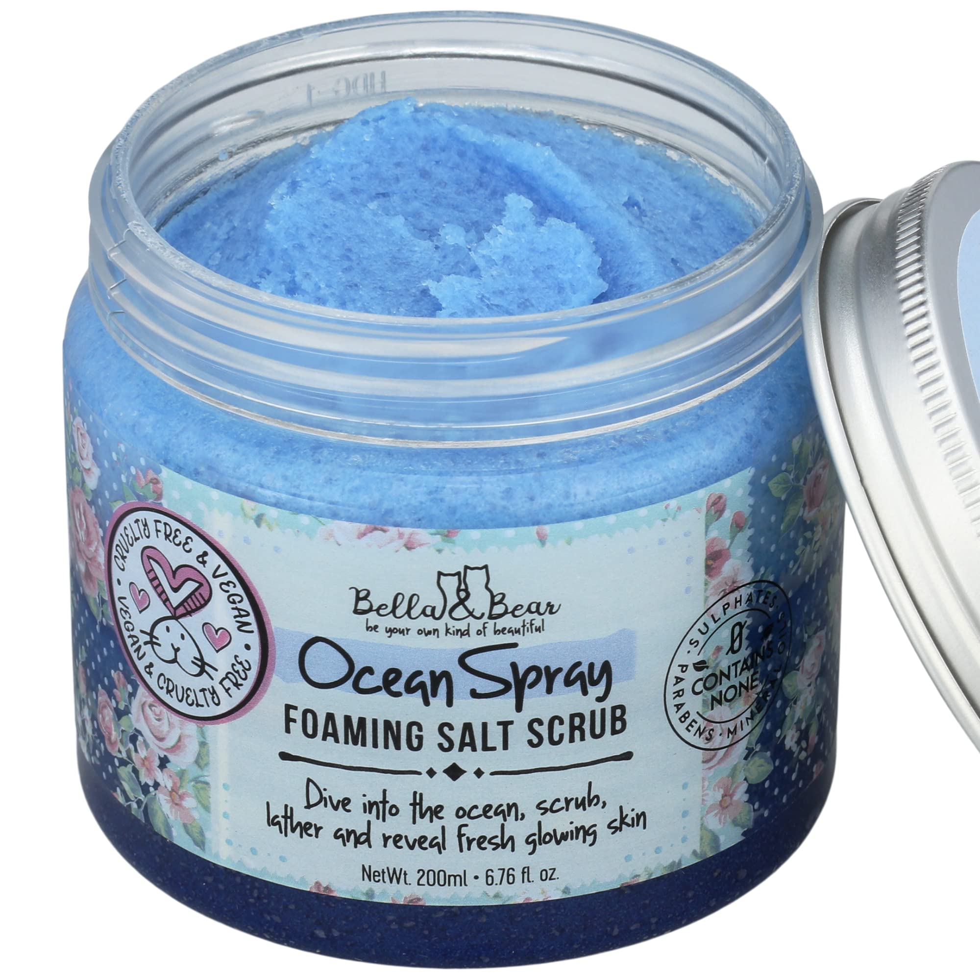 Bella & Bear Ocean Spray Scrub on a bathroom shelf, gift-ready.