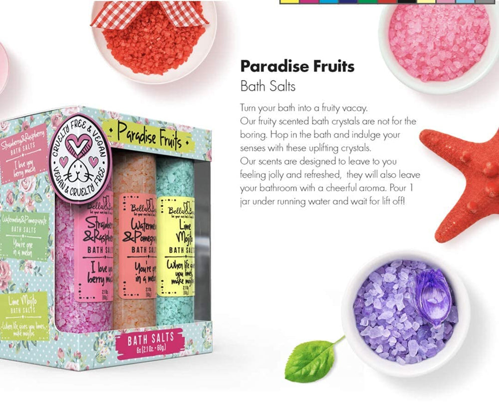 Bella & Bear Paradise Fruits salts scent perfuming a bright bathroom atmosphere.