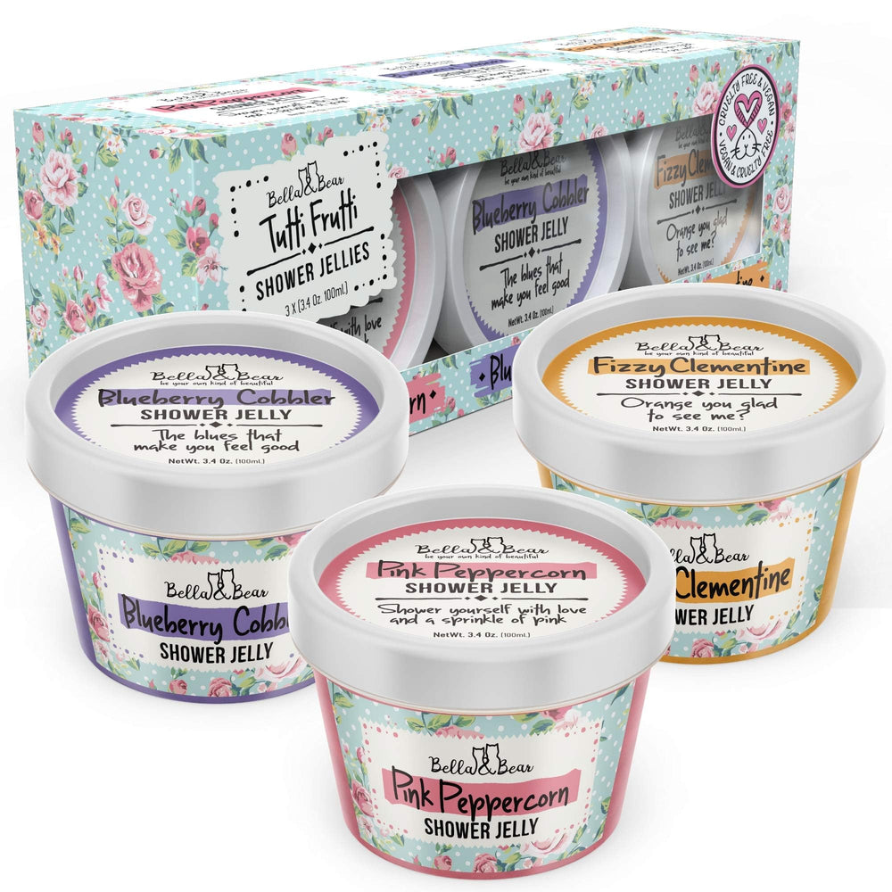 Bella and Bear Tutti Frutti Shower Jellies front view gift-ready 3x3oz set, ideal stocking stuffer