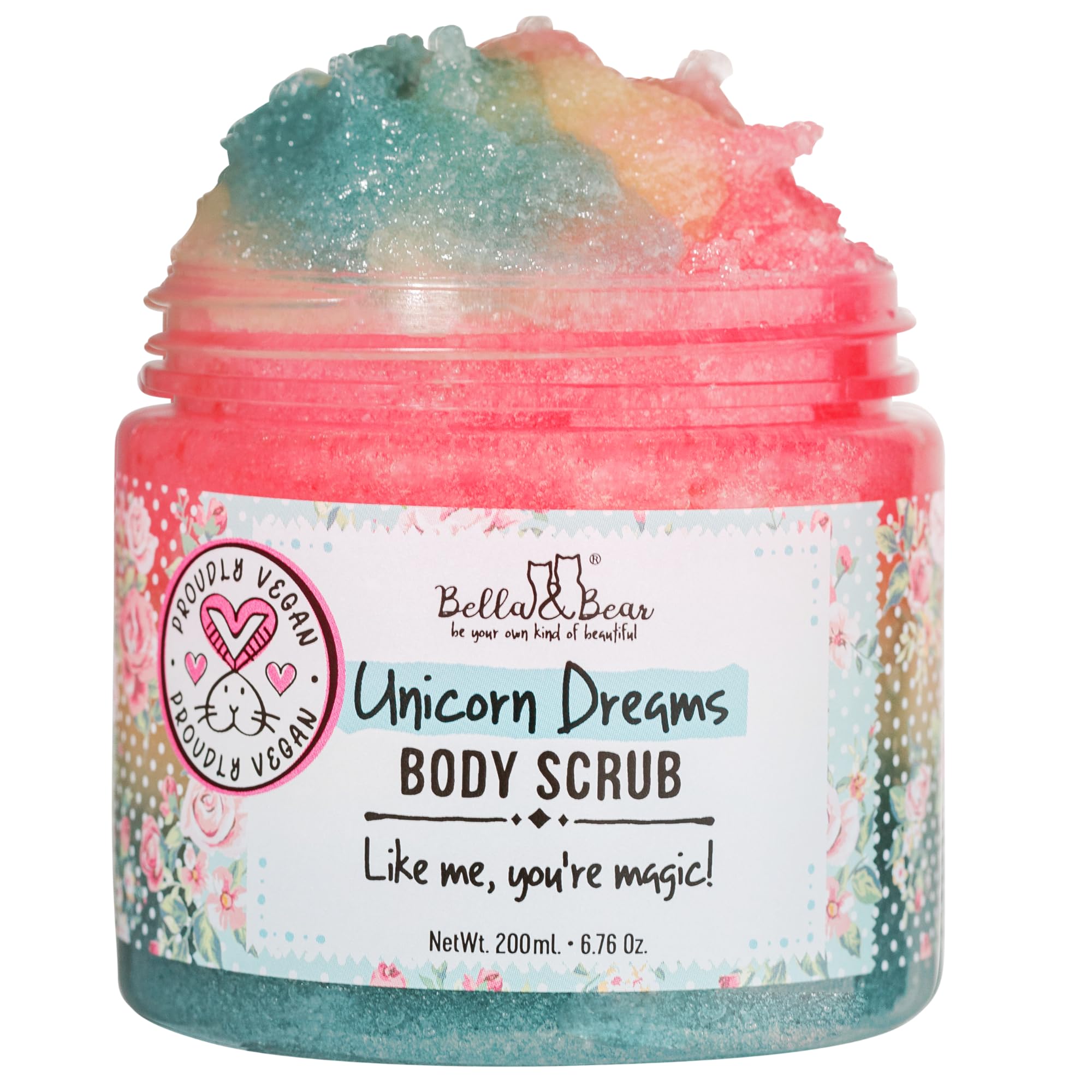Bella and Bear Unicorn Dream Scrub jar closeup shows exfoliating texture for soft skin.