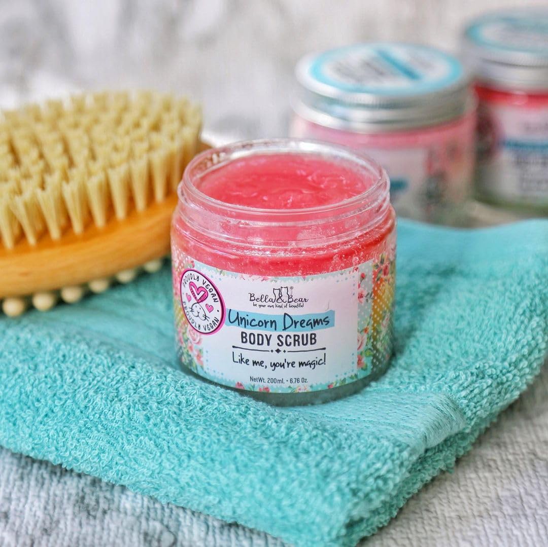 Bella and Bear Unicorn Dream Scrub texture closeup reveals sugar grains for smooth skin.