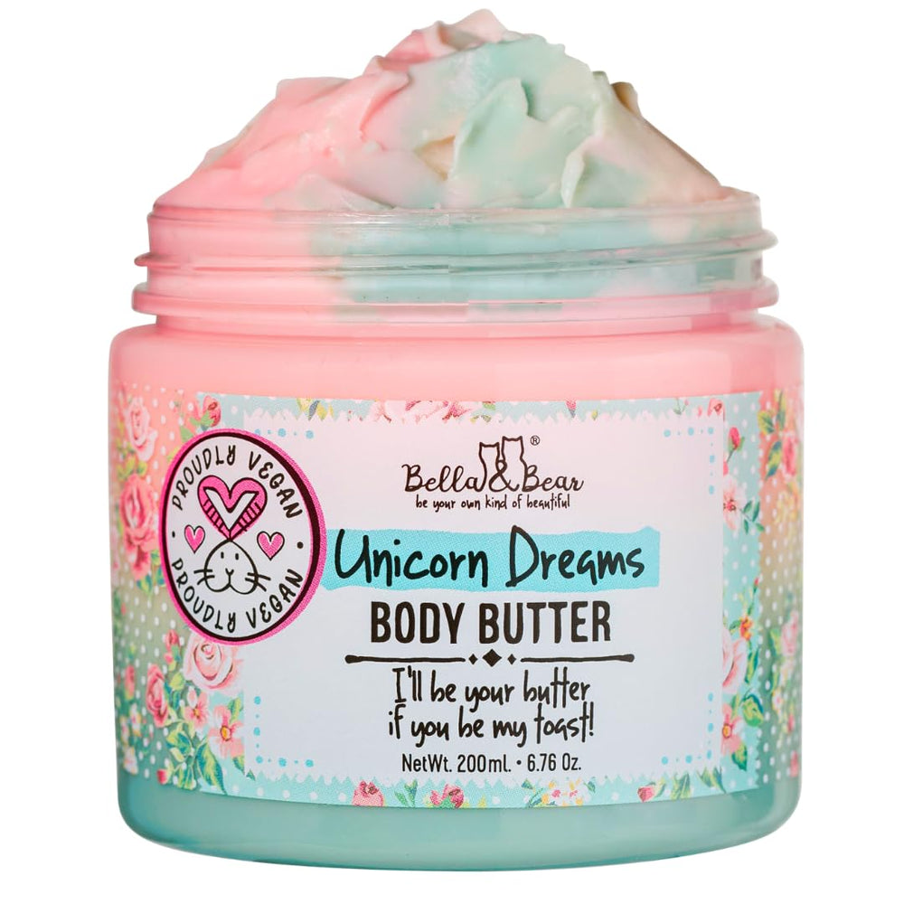 Bella & Bear Unicorn Dreams Body Butter jar close-up shows rich texture and hydration.