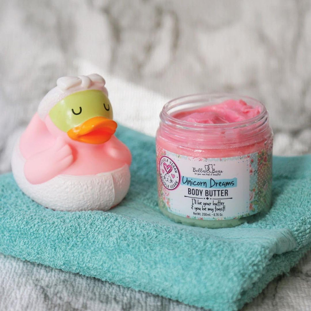 Bella & Bear Unicorn Dreams Body Butter applied for non-greasy finish and quick absorption.